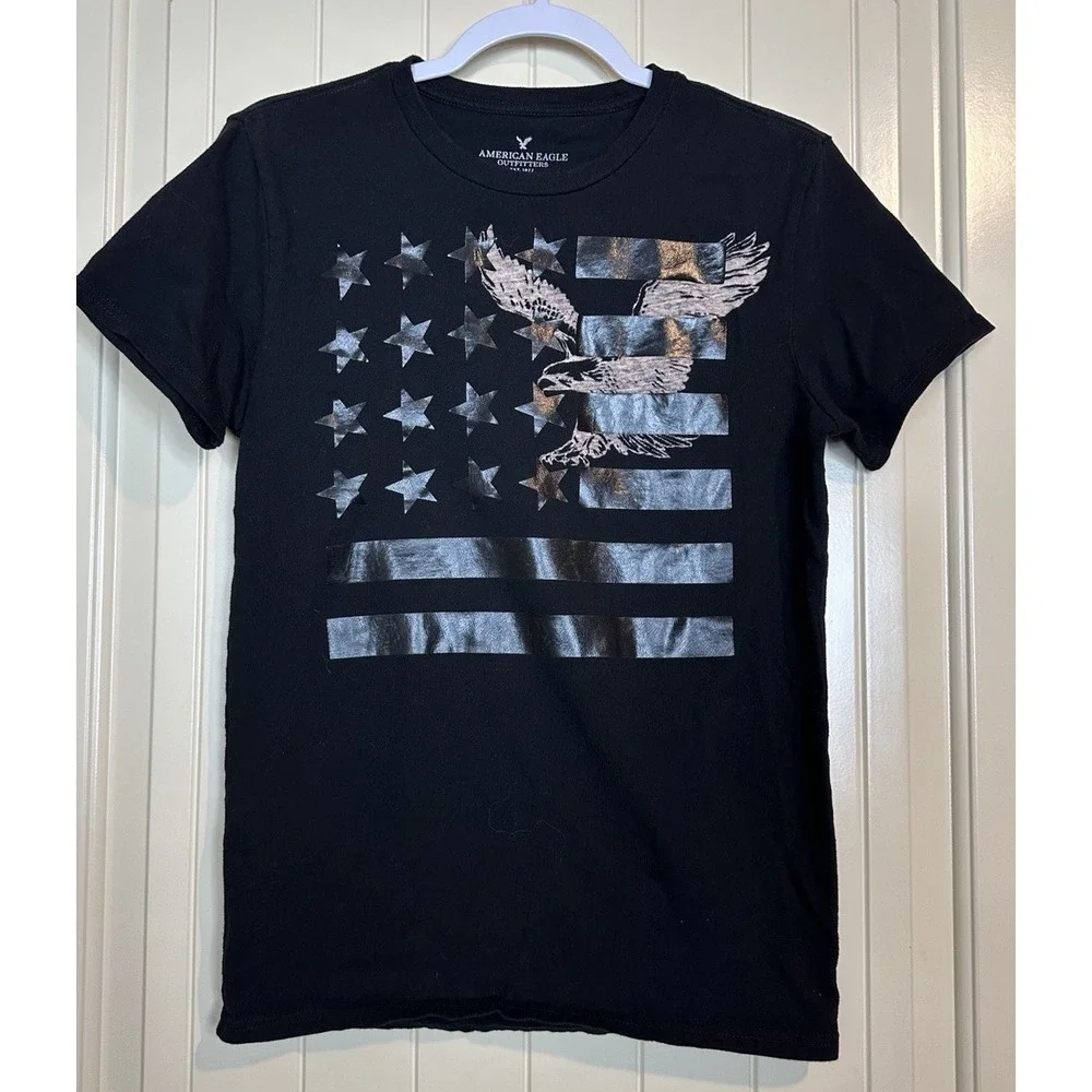 American Eagle Mens black short sleeve t-shirt American Flag Eagle sz XS GUC‎